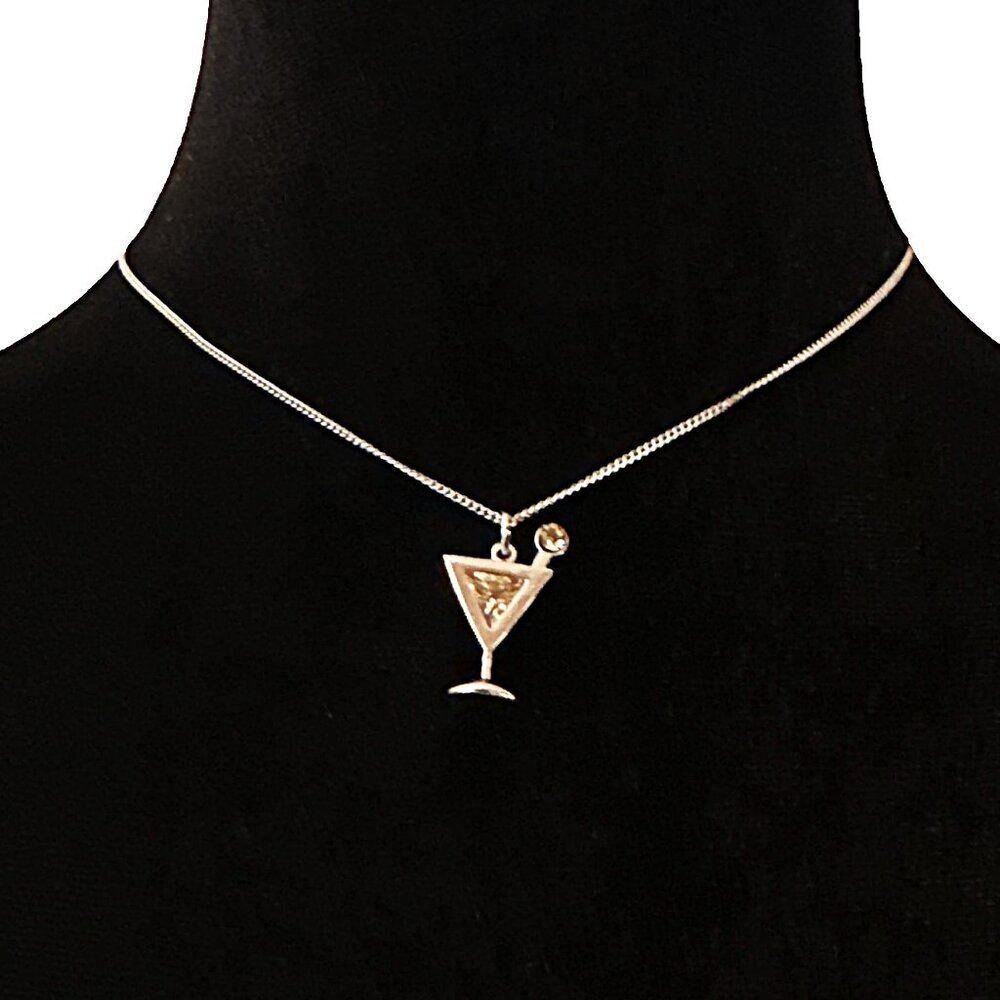 Cocktail Drink Martini Glass Pendant Necklace Silver Tone 16 Inch Necklace